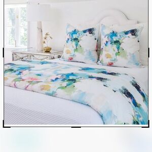 LAURA PARK-  Blue and Green Watercolor Duvet Cover with 2 throw pillows 22”X22”.